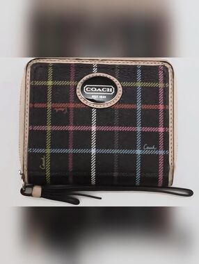 Coach Classic Plaid Wallet, Wristlet with round metal logo and Leather Strap
